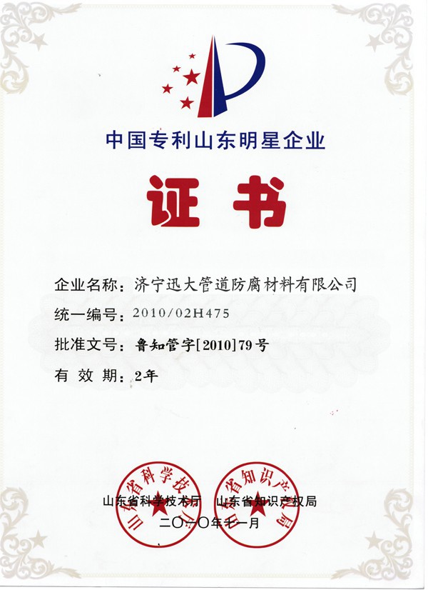 中國專利山東明星企業(yè)證書(圖1)